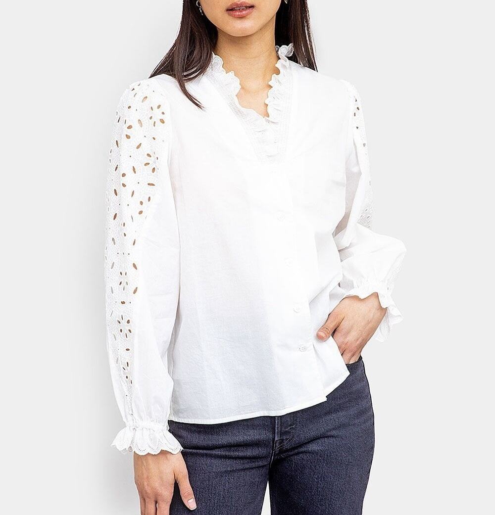 New FRNCH Paris Women Size M Cottage Core White Lace Blouse